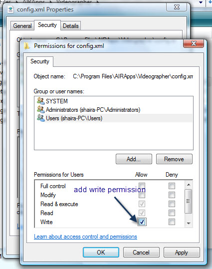 Screenshot of the config.xml file permission - adding write permission